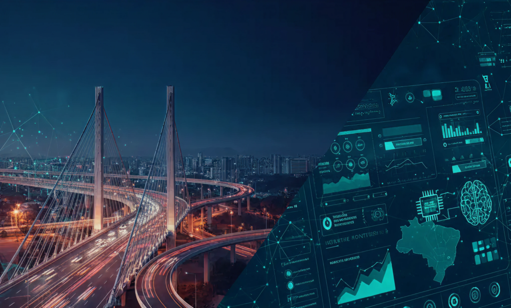 Infraestrutura urbana com visualização digital representando manutenção preditiva IA aplicada à engenharia e análise de dados.